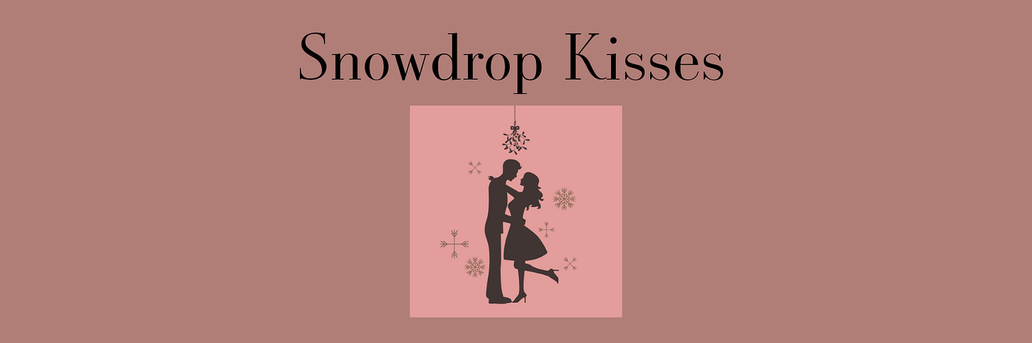 Logo for Snowdrop Kisses - a man and a woman kissing under mistletoe