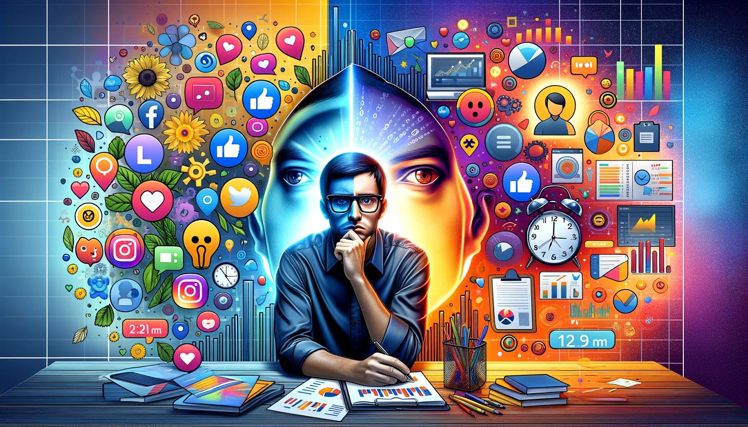 A horizontal image depicting the concept of social media marketers being critical of social media. The left side shows a vibrant, colorful representation of social media platforms with icons, likes, and shares. In contrast, the right side features a social media marketer looking contemplative and slightly overwhelmed, surrounded by reports, analytics, and a clock indicating long hours. The background subtly transitions from bright and engaging to a more muted, thoughtful tone, illustrating the contrast between the public perception of social media and the reality faced by those who work within it.