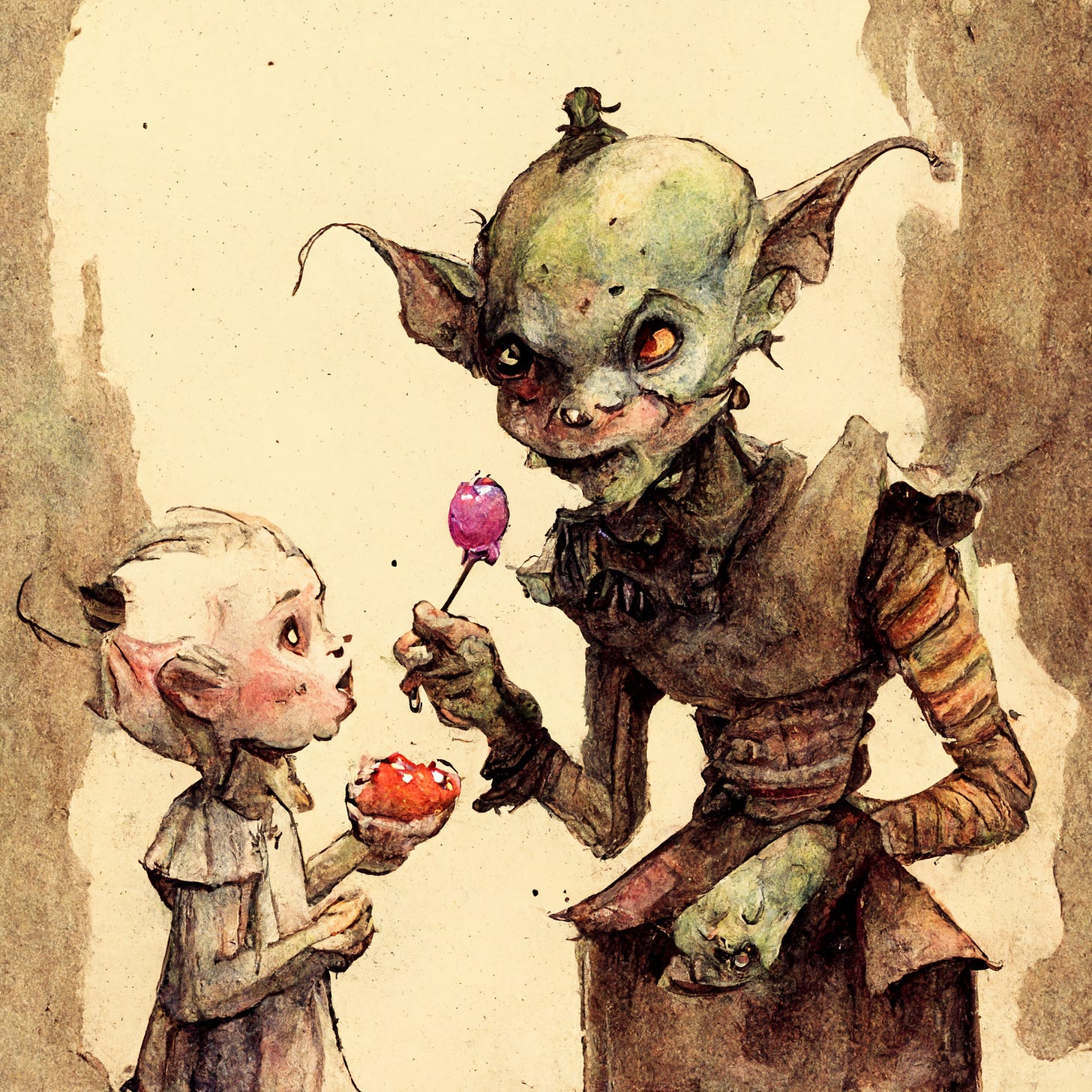A creepy god gives a lollypop to an orphan.