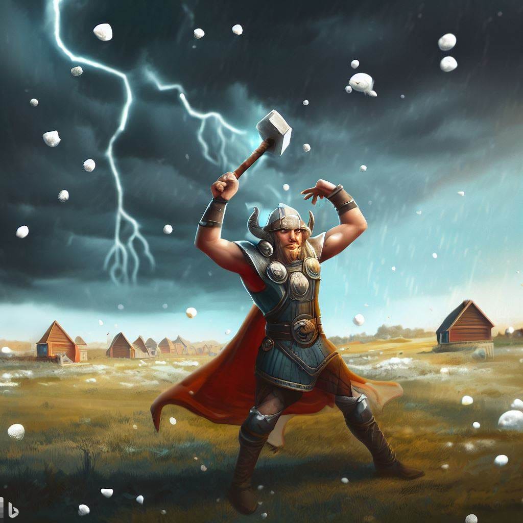 Thor che scaglia grandine sulla pianura con case