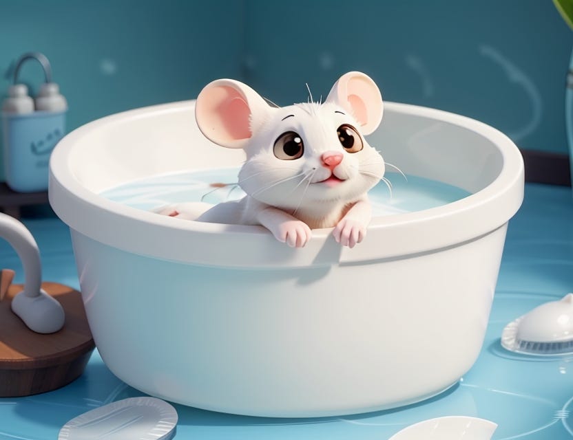 1 small white mouse inside a tub of water