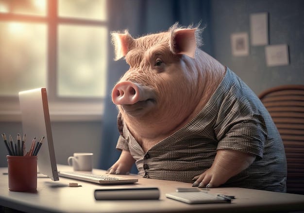 オフィスでビジネス スーツを着た豚の肖像画 | プレミアム写真