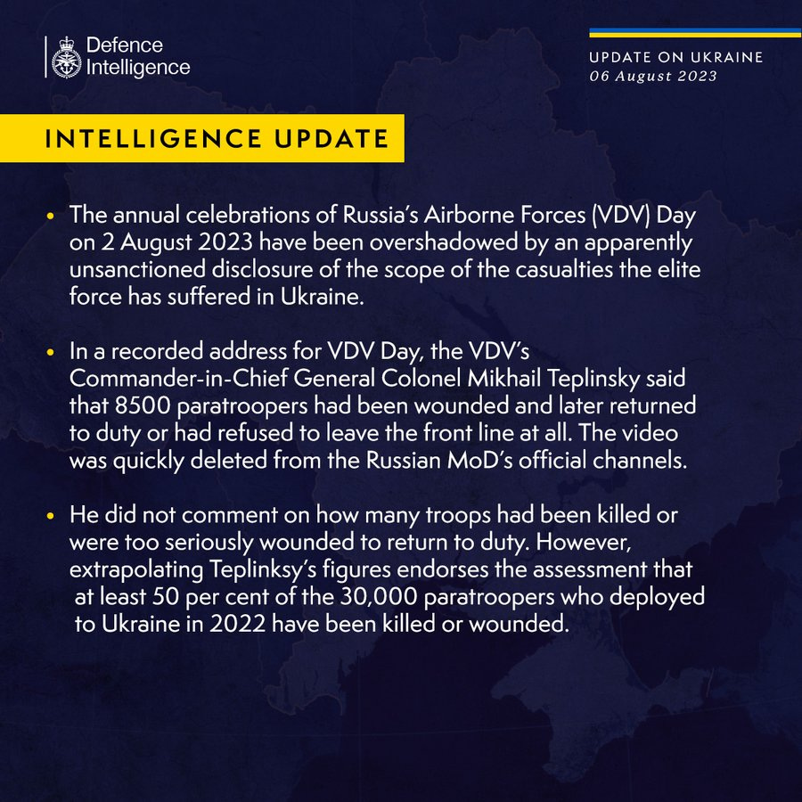 Latest Defence Intelligence update on the situation in Ukraine - 6 August 2023. Please read thread below for full image text. 