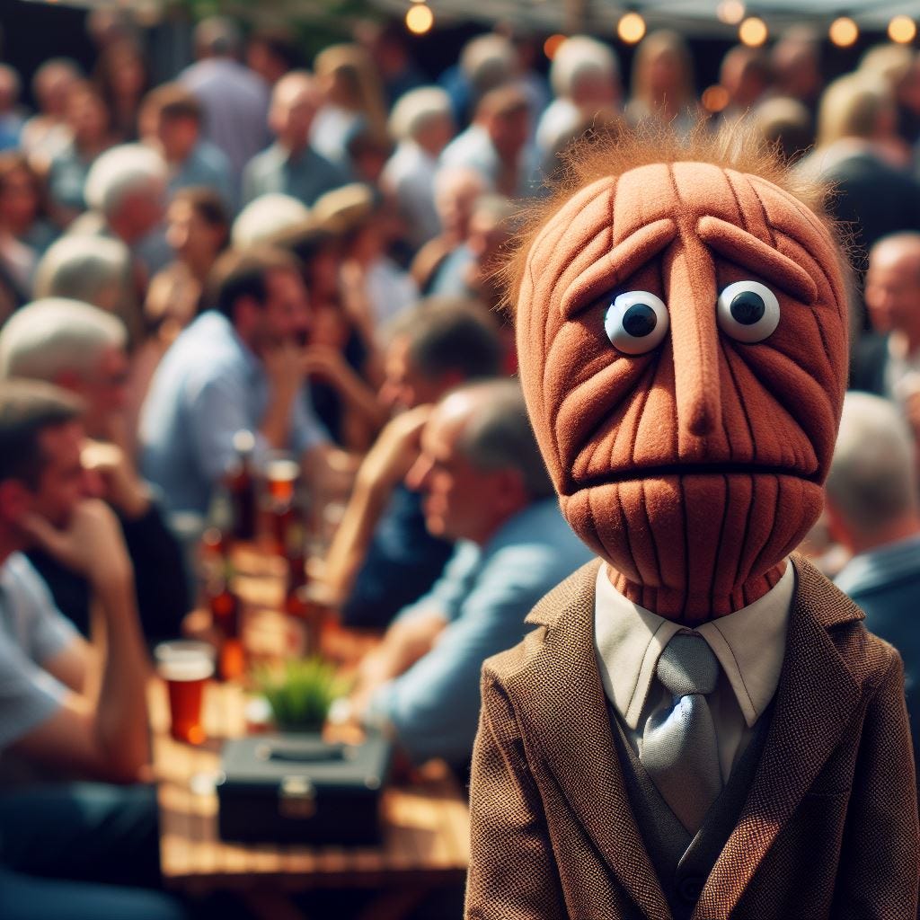 an anxious puppet at a social event