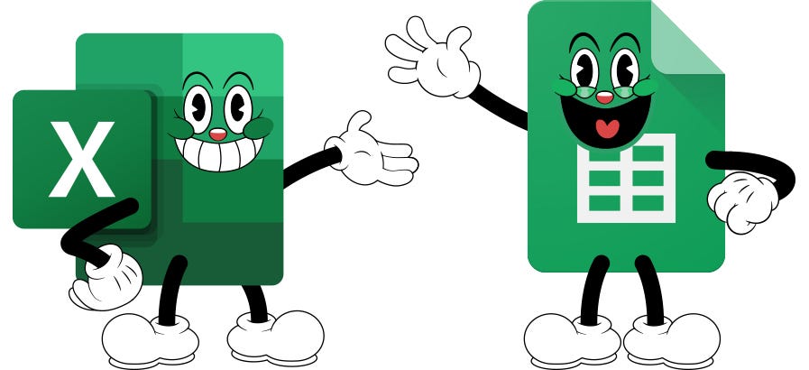 Friendly cartoon characters of Microsoft's Excel and Google Sheets smiling, symbolizing an easy-to-follow, step-by-step process used in both applications.