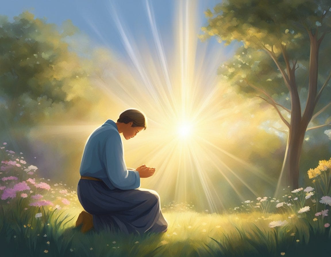 A figure kneels in a peaceful garden, head bowed in prayer. Rays of light shine down, illuminating the scene. A sense of reverence and spiritual connection is palpable