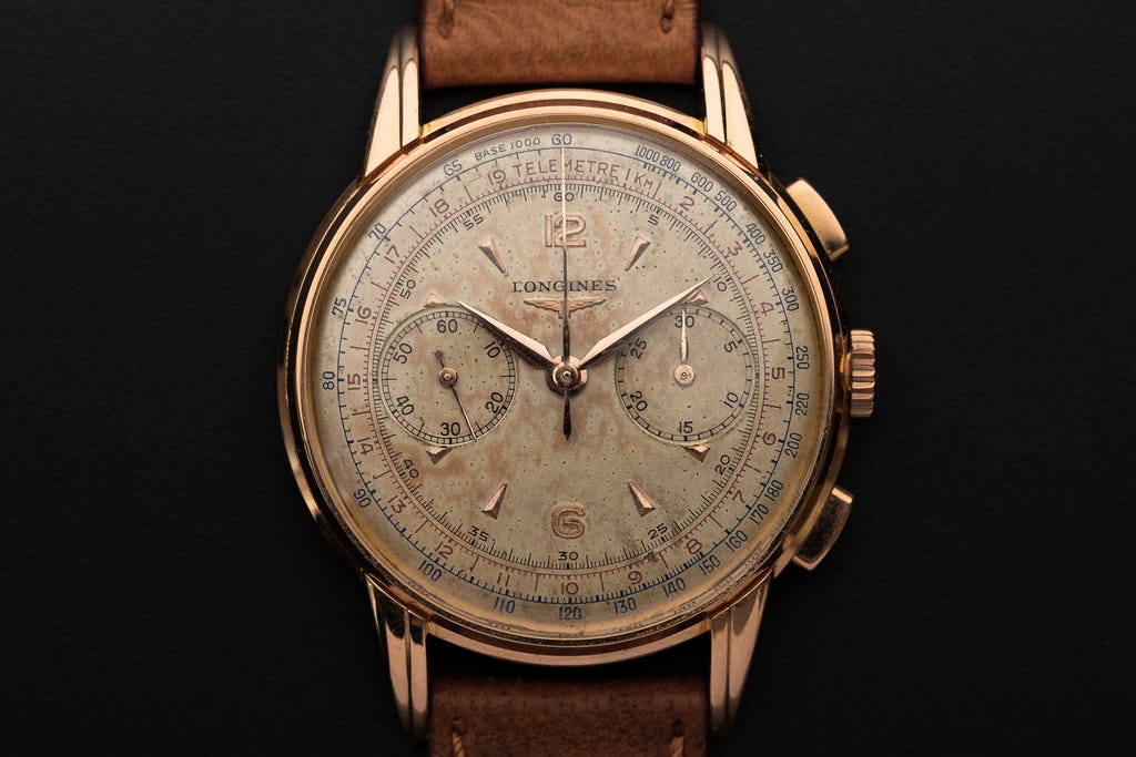 rare vintage 1940s Longines 13ZN chronograph in yellow gold