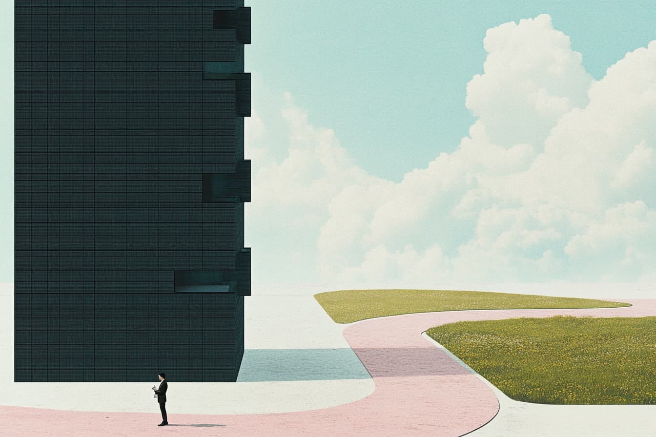 A person standing in front of a building with jagged edges. There is a path going in different directions