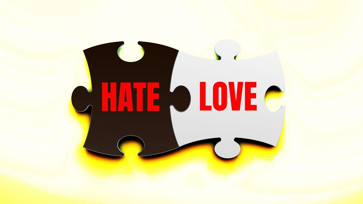 Puzzel pieces, left with 'hate' on it, right with 'love'