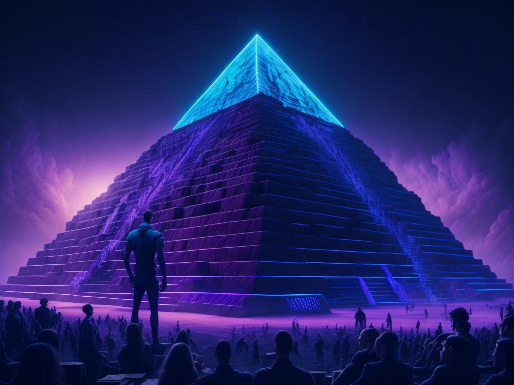  a great pyramid with a person giving a conference in front of it. Photorealistic picture, fantasy, neon color with purple and blue, vibrant, cinematic lighting, 8k, high-definition, highly detailed