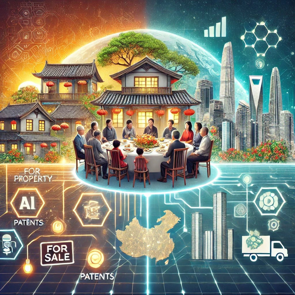 A visually engaging digital illustration representing China's evolving concept of wealth over time. The composition includes a harmonious, multi-generational family sitting around a table enjoying a feast, symbolizing traditional values. Transitioning in the middle of the frame, the image shifts to showcase modern skyscrapers, real estate buildings, and a house with a 'For Sale' sign, representing the property boom. The right side highlights technology and intellectual property, with glowing icons of patents, AI, and green energy innovations. The backdrop features a map of China fading into a global network, signifying China's influence worldwide.