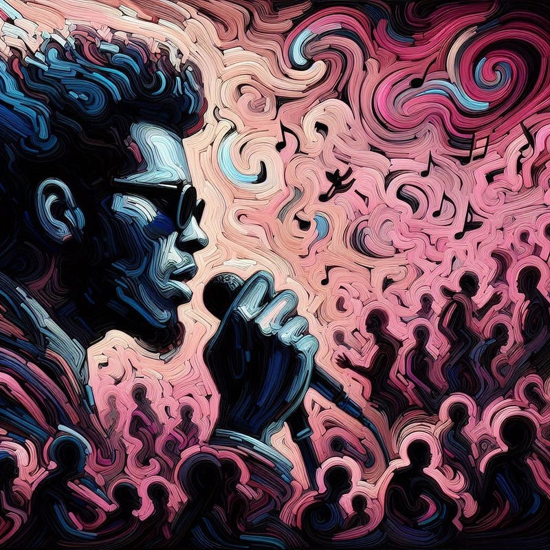 surreal painting of soul singer with featureless crowd