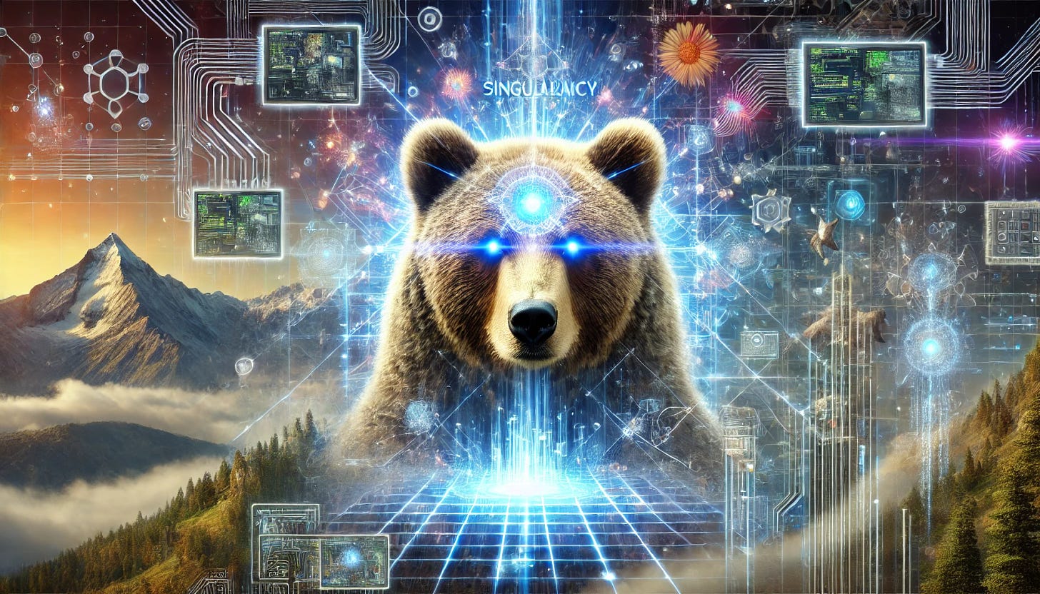 A bear achieving the singularity and ascending to godhood through computers. The bear is surrounded by advanced technology, with wires, screens, and holographic displays showing complex data. The bear's eyes glow with knowledge and power as it transcends. The background features a mix of natural elements like trees and mountains blending with futuristic architecture and digital interfaces, symbolizing the fusion of nature and technology.