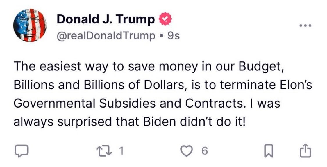 May be a Twitter screenshot of text that says 'Donald J. Trump @realDonaldTrump 9s The easiest way to save money in our Budget, Billions and Billions of Dollars, is to terminate ΕΙαη'ς Governmental Subsidies and Contracts. I was always surprised that Biden didn't do it! 1 6'