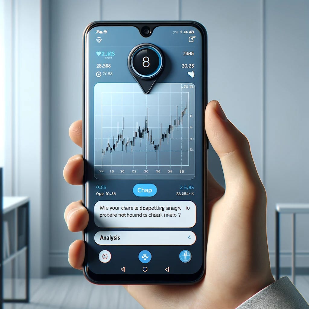 A smartphone screen displaying a chat window with an analysis of a chart. The chat window shows a conversation where the phone's camera has captured an image of a chart, and the analysis text appears below the chart image. The background is a clean, modern design, emphasizing the technology. The phone is held in a hand, with a visible interface showing the captured chart and its analysis clearly.