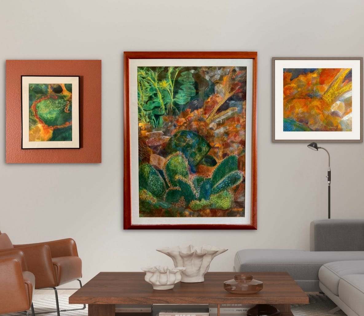 Three related artworks by Sherry Killam Arts: a large earthy scene with a tortoise among cactus, lily pads, rocks, and twigs.