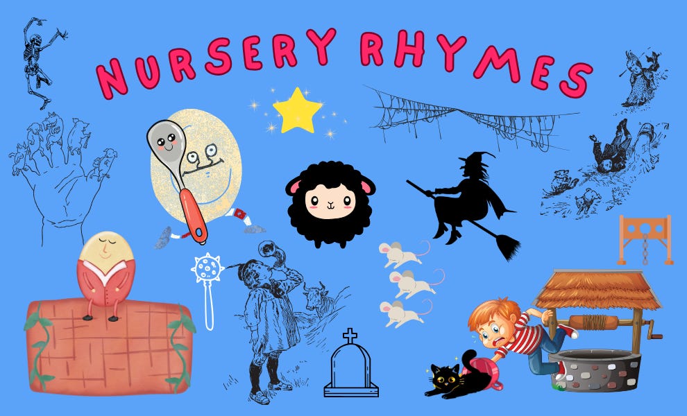 The words Nursery Rhyme writ large in red arching across the top with images depicting nursery rhymes spread around the blue rectangle