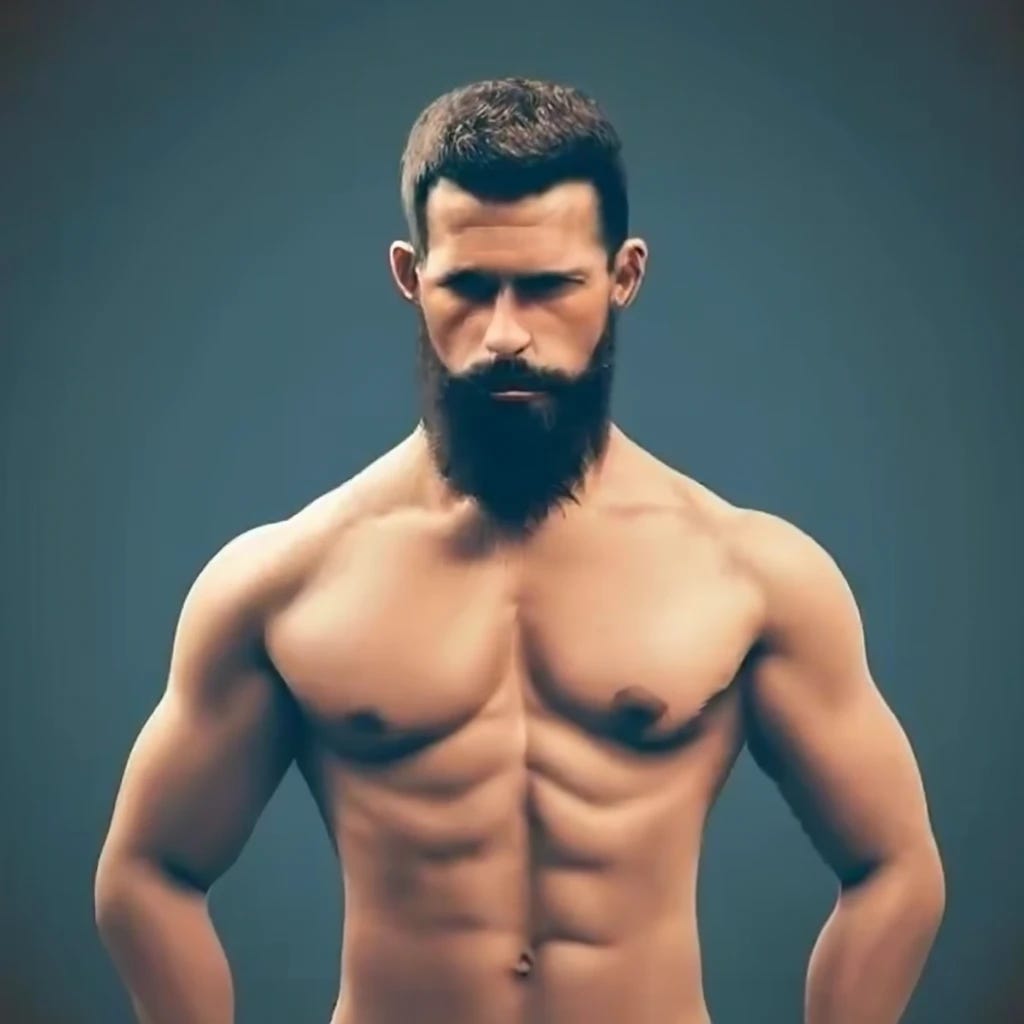 muscular greek man in underwear with stubbled beard