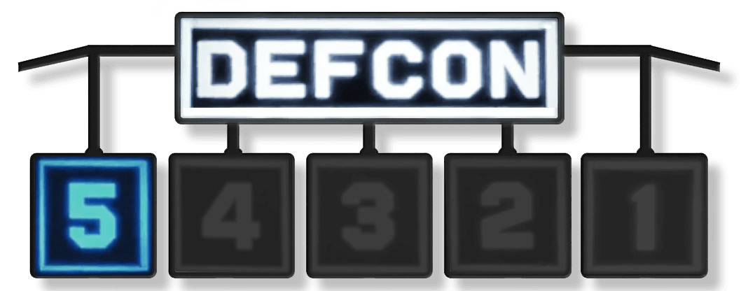 DEFCON sign with 5 lit up in blue, 4-1 are inactive.