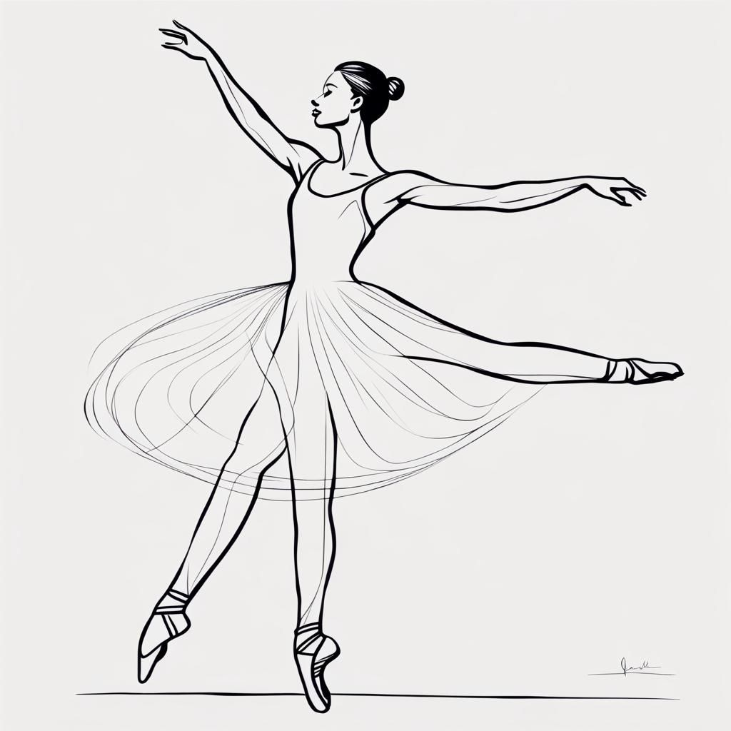 A minimalist line art drawing of a graceful ballerina, captured in mid-dance, showcasing the fluidity and elegance of her movements.