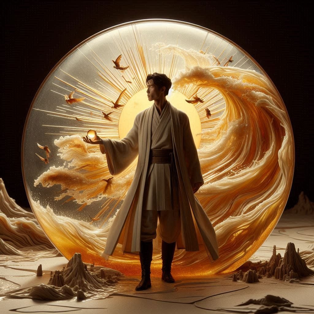resin sun inside glass; tiltshift /flying at angles/ 8d angled glass embedded /beautiful, heroic, strong handsome Asian man / velvet blonde, cream, ivory long coat/ black leather boots. water in resin/ ; he is at Monks mound at Cahokia / amber cream,tsunami full of fire/ reverberating waves. black hole in floor/ water in resin verdigris/ In the style of Michael Parkes. black etching/ black linework/ daytime sky/fluffy clouds 