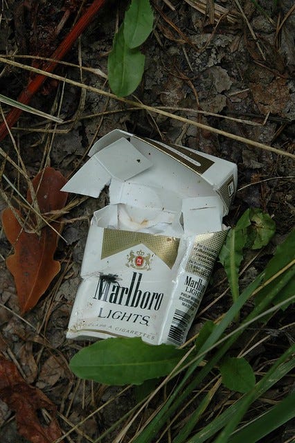 Empty box of Marlboro Lights cigarettes