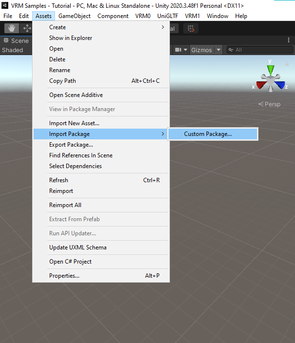 Unity project selecting Custom Package