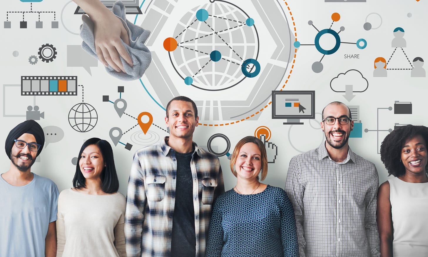 Diverse group of people smiling, with tech and networking graphics in the background.