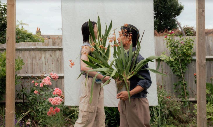 Two people in a garden, holding plants and facing each other