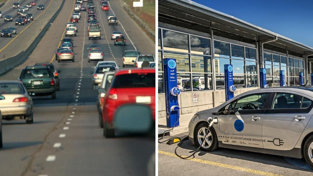 Cars on a highway. Right: An electric car at a charging station.