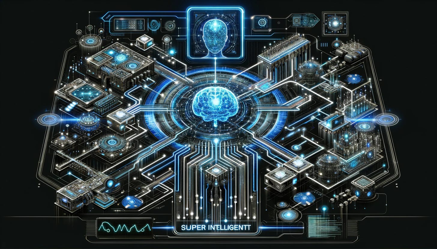 A futuristic diagram of a super intelligent AI system. The diagram includes advanced neural networks, intricate algorithms, and complex data processing units interconnected in an elaborate layout. It should have a sci-fi aesthetic with glowing lines, holographic elements, and a digital interface. The diagram should convey the impression of high-level artificial intelligence, with elements that suggest advanced learning, decision-making capabilities, and data analysis. The overall color theme should be a mix of cool blues, silvers, and neon highlights to emphasize the futuristic aspect.