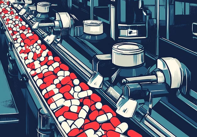 Red and white capsules of medicine roll along a factory assembly line.