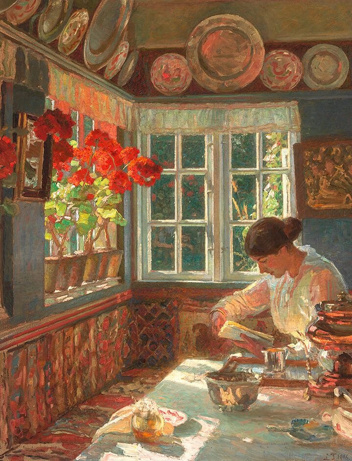 This may contain: a painting of a woman cooking in a kitchen with red flowers on the window sill