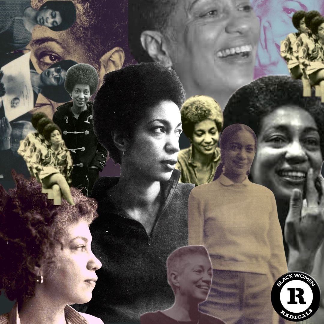This is a collage of June Jordan; some of her images are in black and white and others are in shades of sepia. The Black Women Radicals logo is in the bottom right corner.
