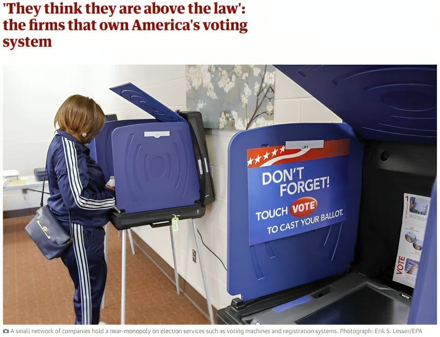 A voter interacts with a touchscreen voting machine inside a polling station. The screen displays a prompt: "DON'T FORGET! TOUCH VOTE TO CAST YOUR BALLOT." The image highlights concerns over the dominance of a few companies controlling America's voting systems.