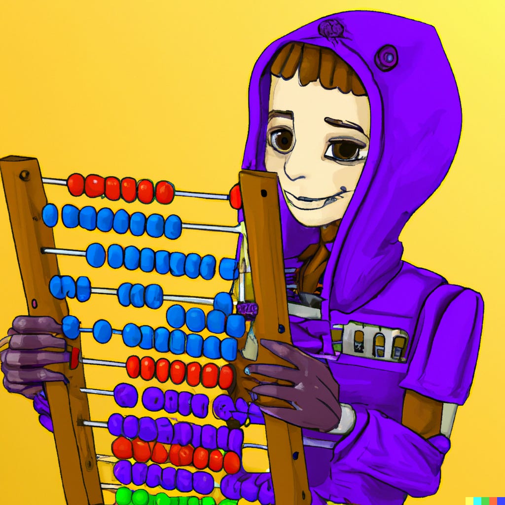 Kind robot in a purple hoodie with an abacus