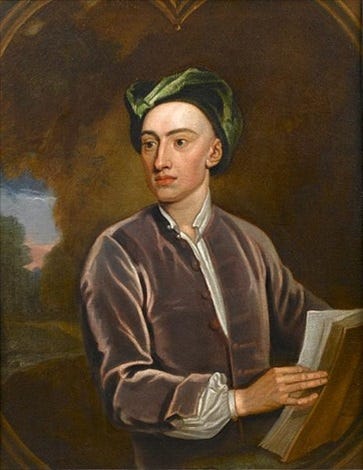 Portrait of Alexander Pope, in a mauve velvet coat and green velvet turban,  holding a book, a landscape beyond, in a painted casement by Godfrey  Kneller on artnet