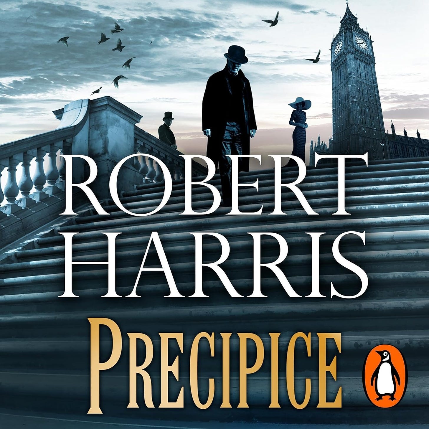 A bowler-hatted male figure walking near the Big Ben tower in London. (Front cover of Precipice by Robert Harris.)