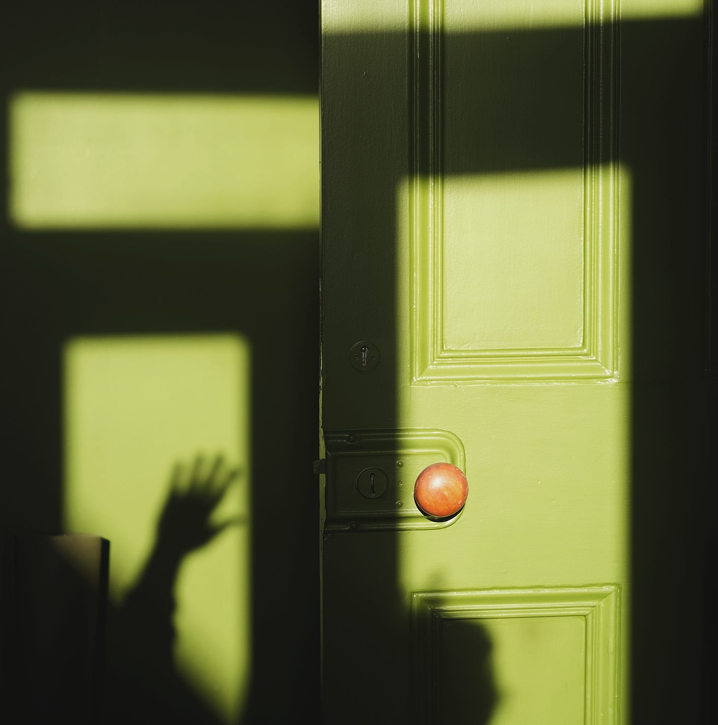 shadows fall across a partially open green door and wall. Charlene's silhoutte is visible. Her hand is raised in a wave.