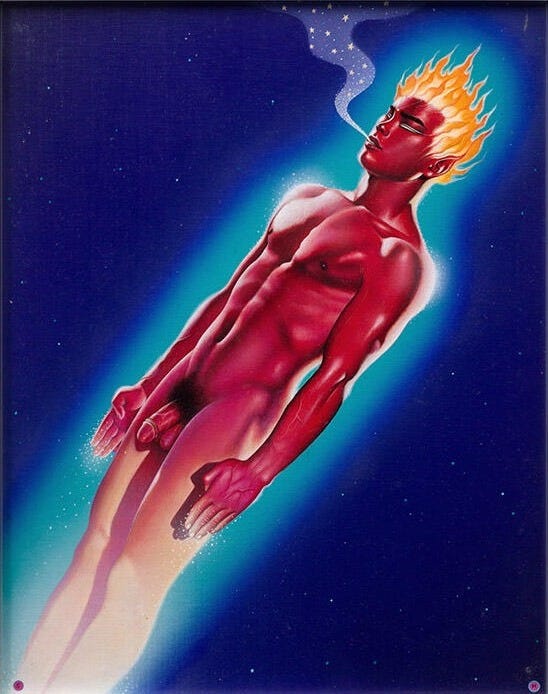 A dark blue background has a reddish nude Asian man in the center, and he's floating diagonally. He has a light blue aura around him and smoke coming from his mouth. He has short, spiky flame-like hair, and his eyes are closed. A dark blue background has a reddish nude Asian man in the center, and he's floating diagonally. He has a light blue aura around him and smoke coming from his mouth. He has short, spiky flame-like hair, and his eyes are closed.