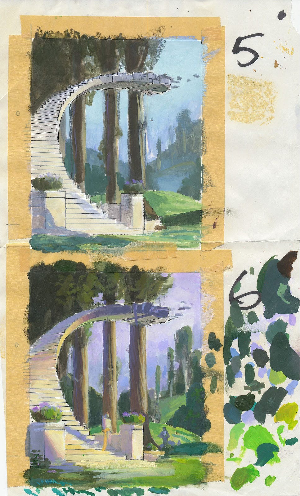 Loosely rendered color studies in traditional media for LANDING. Top (labeled 5): The winding staircase set against pastoral background. Bottom (labeled 6): The figure of the man standing with heart over chest has been added.