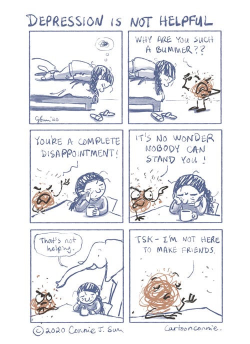 depression, self-talk, comics, comic strip, illustration, dustball, humor, sketchbook, connie sun, cartoonconnie
