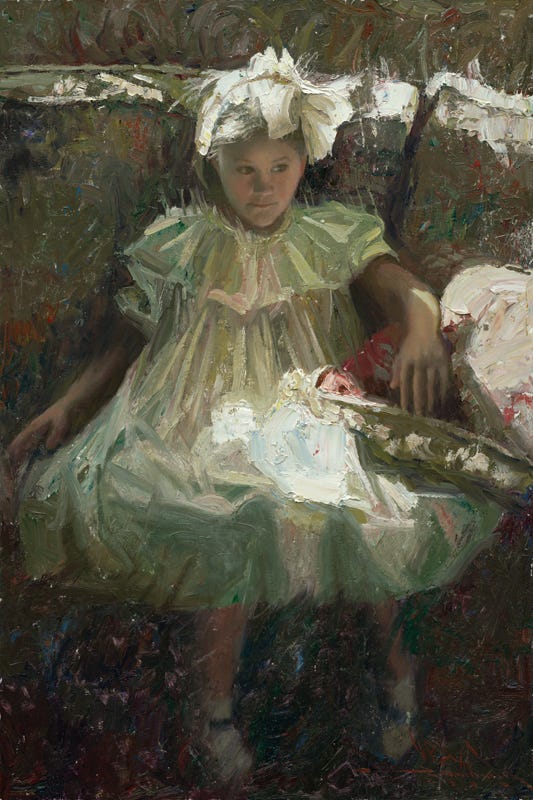 A painting of a child in a white dress

Description automatically generated