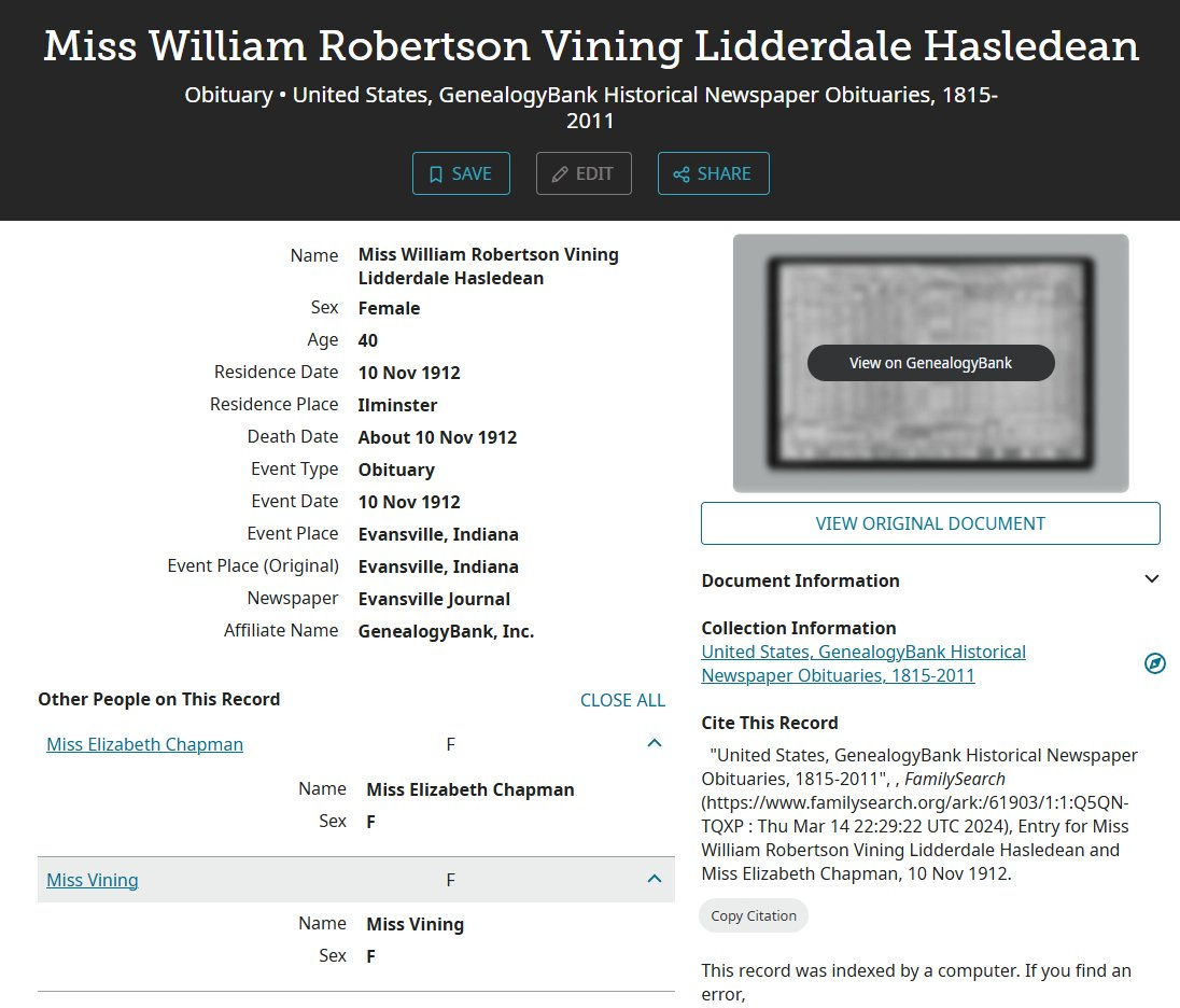 Miss William Robertson Vining Lidderdale Hasledean Obituary 1912