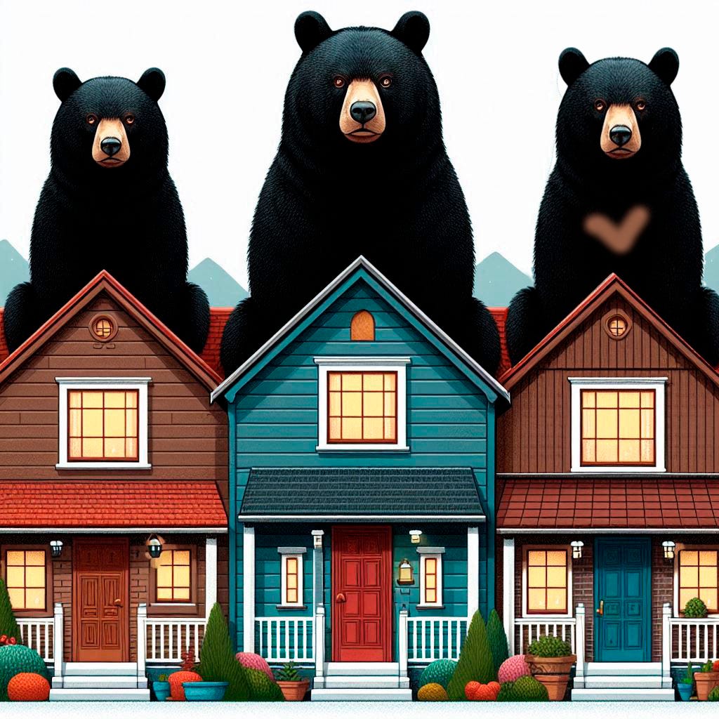 AI Generated image of three houses with a black bear on the roof of each: The first house has a large black bear on its roof facing forward. The second house has a large black bear on its roof facing forward. The third house has an Asian black bear on its roof. This bear has a black coat with a brown "V" marking on its chest facing forward.