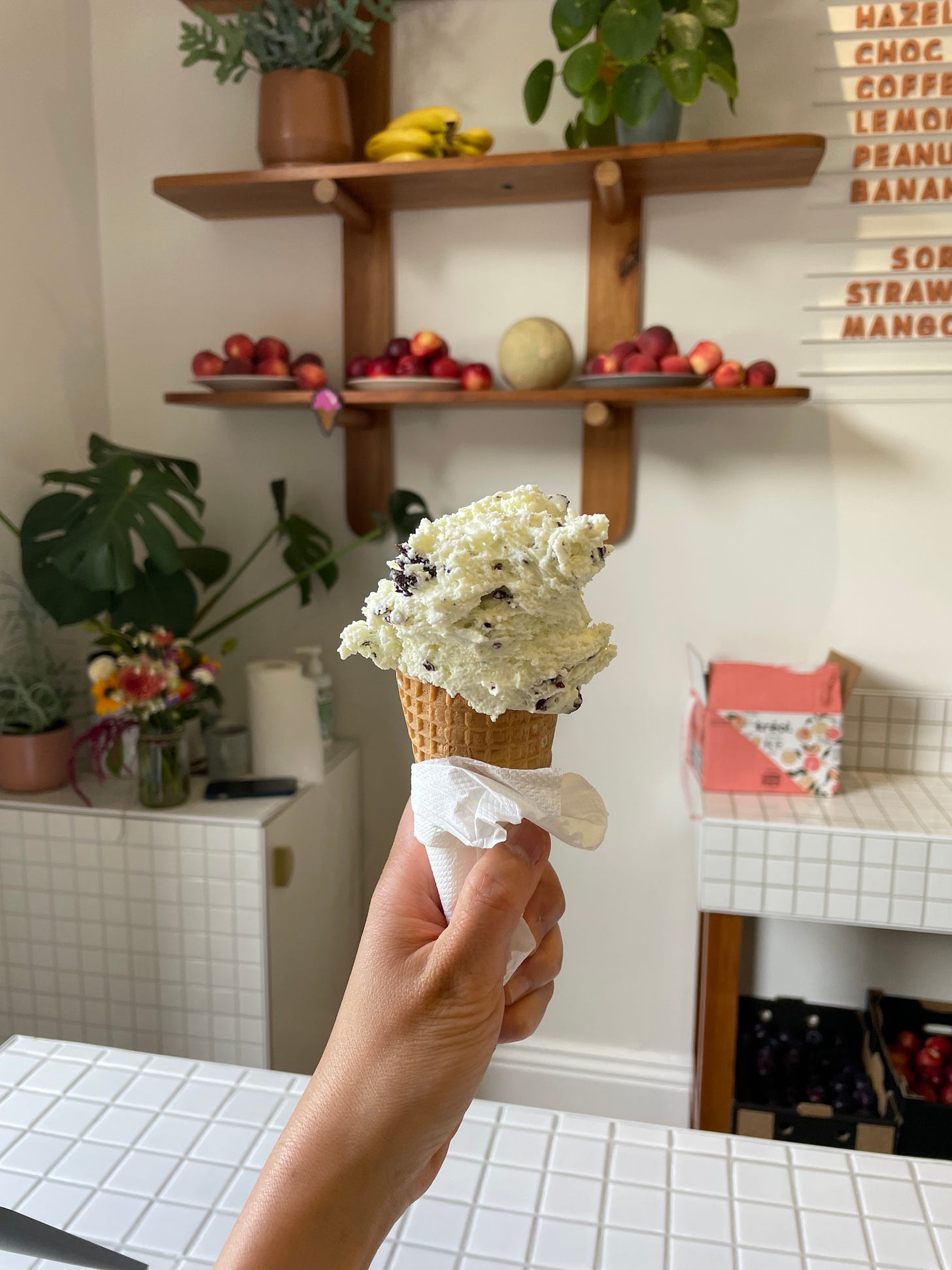 An ice cream cone with mint choc chip gelato held up in front of a shelf display with nectarines, rockmelon, peaches and banana. Inside a gelato shop with the menu displayed on the wall.