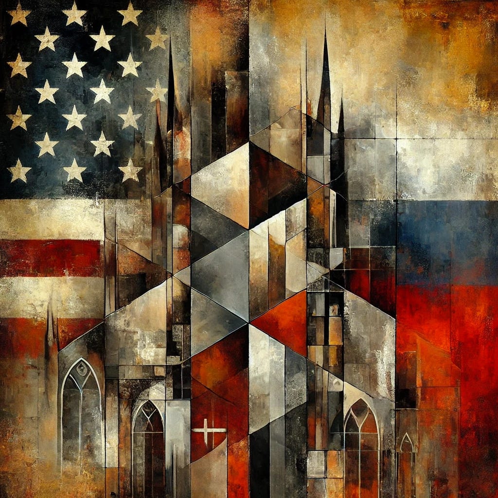 An abstract painting inspired by the convergence of nationalist conservatism across countries, symbolizing the ideological alignment between MAGA in the U.S., Putinism in Russia, and similar movements globally. The artwork features stark contrasts: rigid, dark geometric structures represent authoritarianism and control, while fractured, faded layers suggest the erosion of liberal values like individualism and human rights. A mix of deep reds, muted golds, and cold grays dominates the palette. Cross-like forms and cathedral-like arches subtly hint at the fusion of state and religion. The texture is heavy, layered, and brooding, evoking ideological tension and cultural backlash.