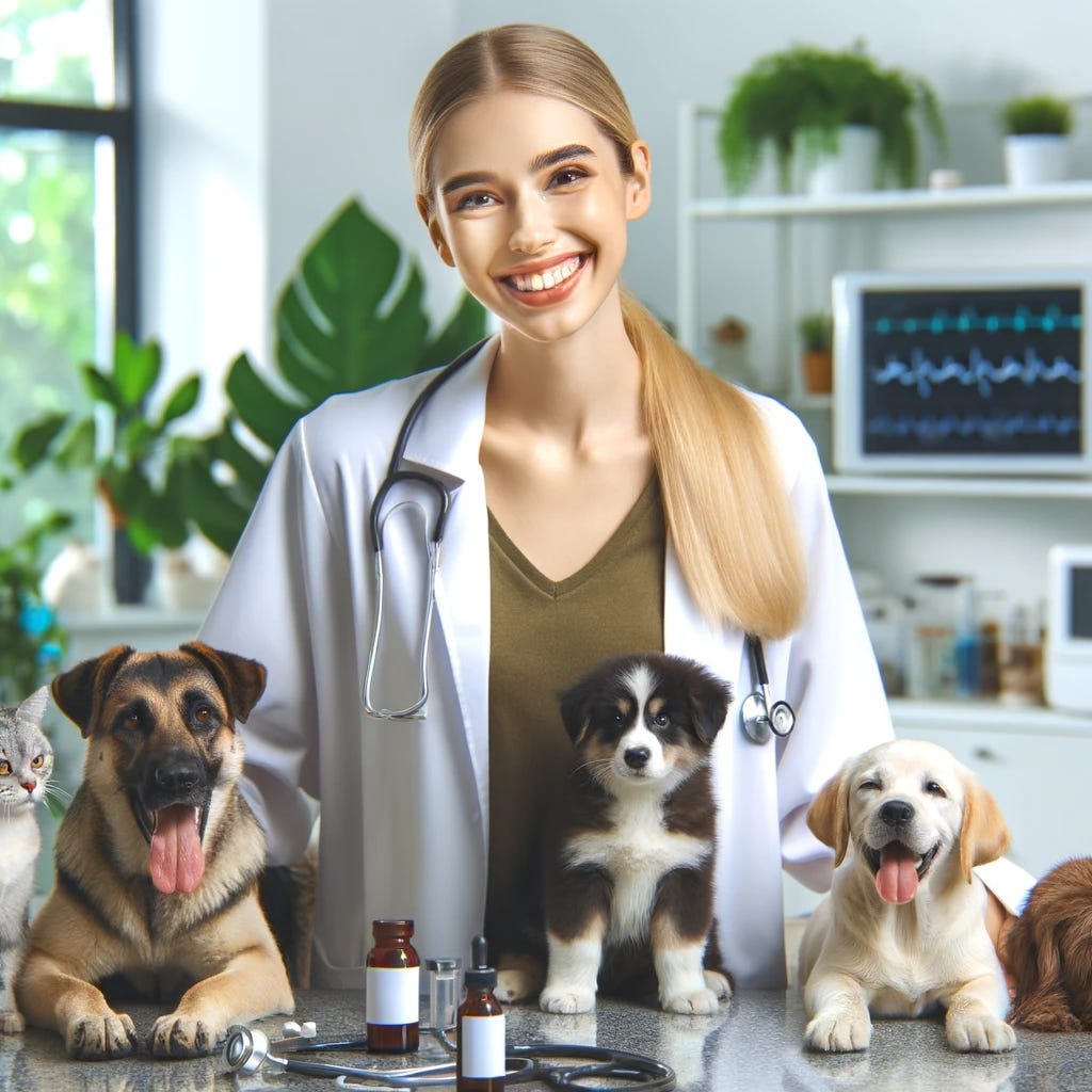 A joyful veterinarian in a clinic, surrounded by healthy animals including dogs and cats, with a backdrop of medical equipment and plants, conveying a sense of care and happiness.