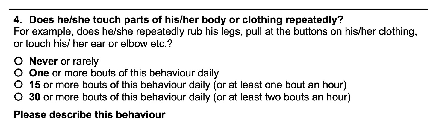 "Does he/she touch parts of his/her body or clothing repeatedly?"
