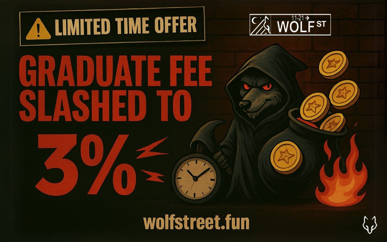 🚨 GRADUATE FEE SLASHED ON WOLFSTREET For a LIMITED TIME, graduate fees are lowered from 10% to 3%  No fluff. Just a raw 3% graduation fee.  Launch your token on WolfStreet while the offer lasts! 🔥